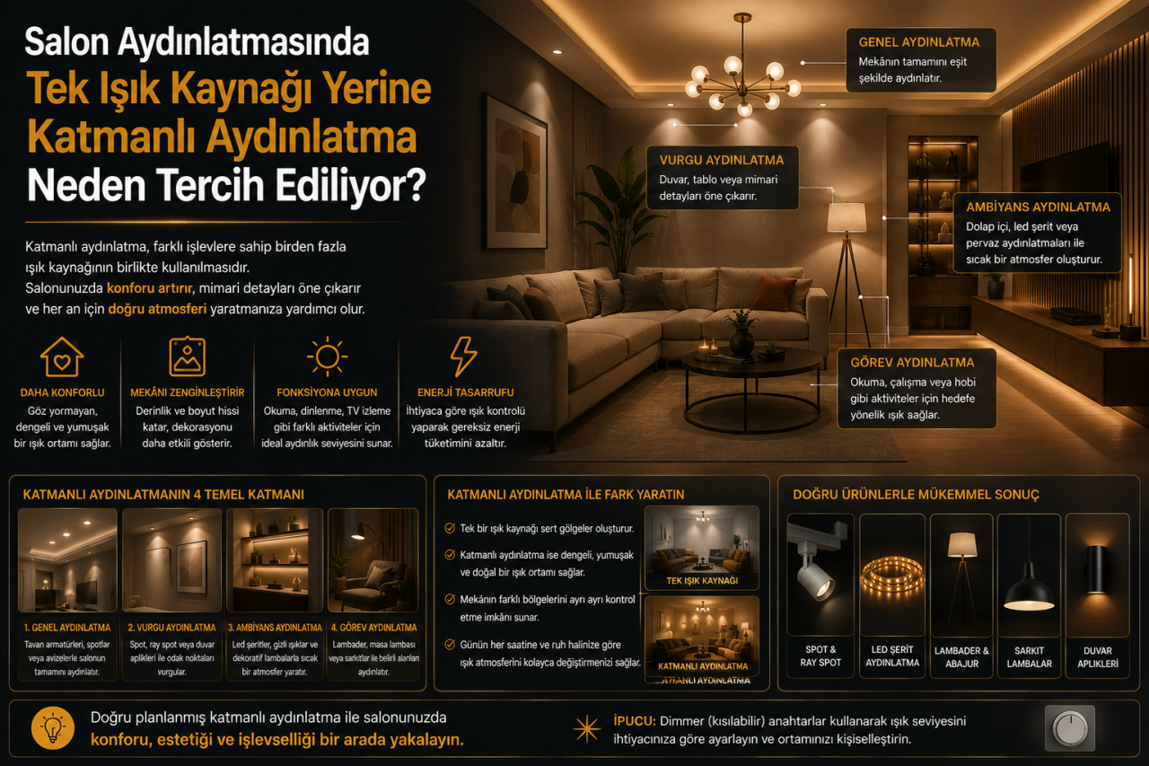 Salon Aydınlatmasında Tek Işık Kaynağı Yerine Katmanlı Aydınlatma Neden Tercih Ediliyor