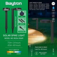 Braytron Spike 2A-8W-BLC-3000K-6500K-IP65-Solar Kazıklı Armatür