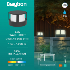 Braytron Walls 15W 3CCT Siyah Ledli Bahçe Armatür