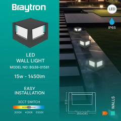 Braytron Walls 15W 3CCT Siyah Kare Ledli Bahçe Armatür