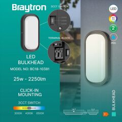 Braytron Bulkhead 18W 3CCT Siyah IP65 Nemliyer Armatür