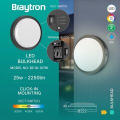 Braytron Bulkhead 18W 3CCT Siyah IP65 Nemliyer Armatür
