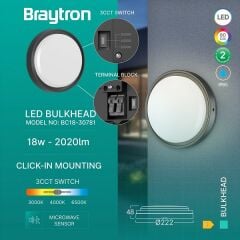 Braytron Bulkhead  18W 3CCT Siyah Yuvarlak S.Ü.Sensörlü Armatür